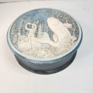 Vintage Large 8.5" Incolay Stone Jewelry Box Bass Fishing Scene Valet Chest K